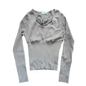 Nicholas Revolve Amara Ribbed Halter Detail Long Sleeved Beige Top Sz L